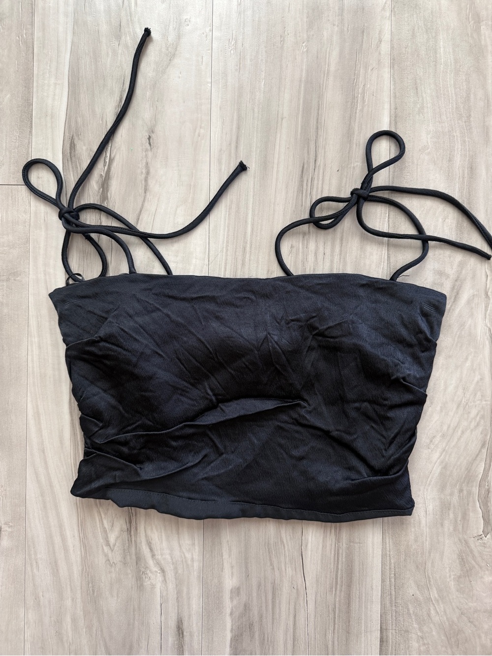 Zara Black Satin Ruched Tie Strap Smocked Back Party Crop Top Women’s Size Small